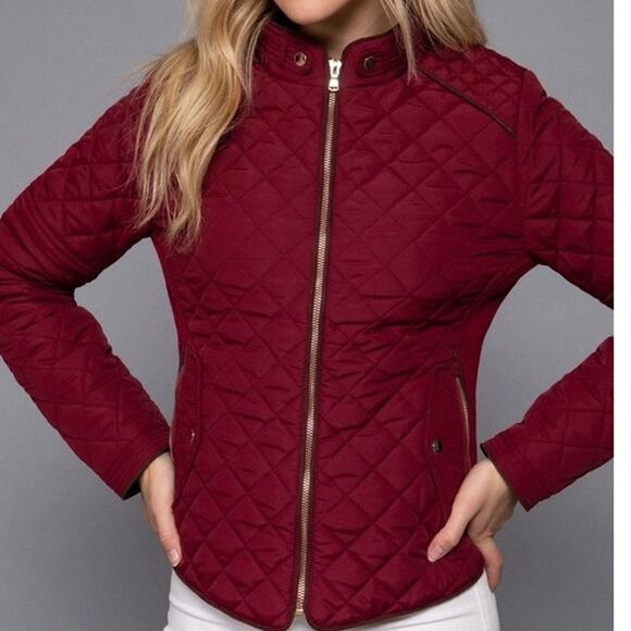 Suede Piping Detail Knit Rib Quilted Padding Jacket Dark Wine - Picture 3 of 7